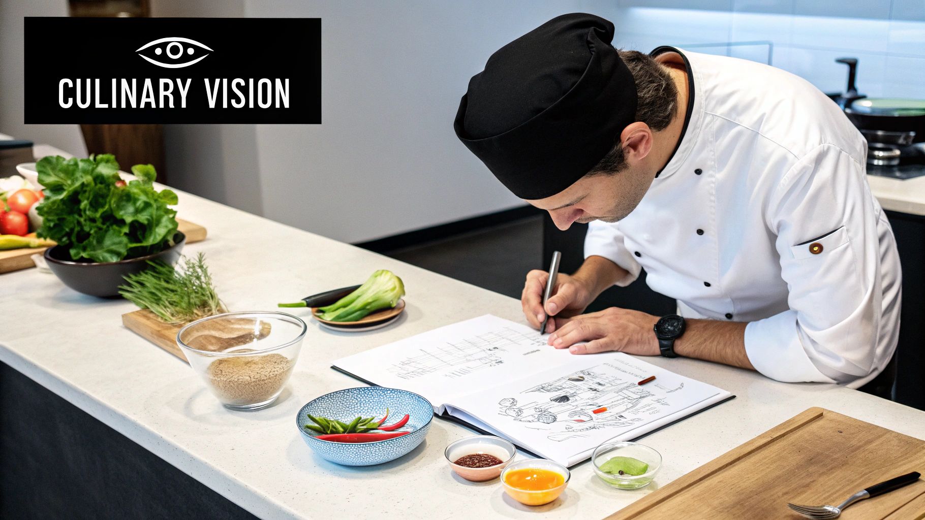 A chef carefully plating a dish in a professional kitchen, showcasing the final result of a well-planned menu.