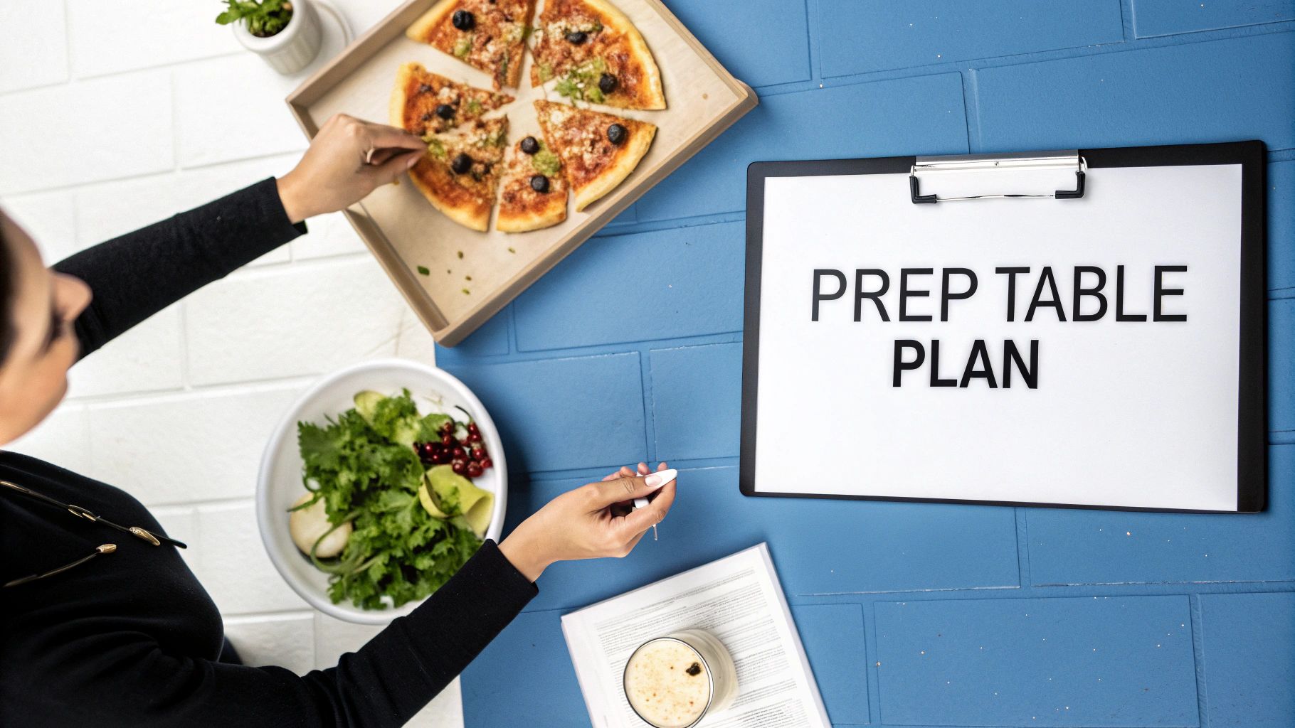 Woman planning meal prep with pizza and salad while reviewing prep table plan on clipboard