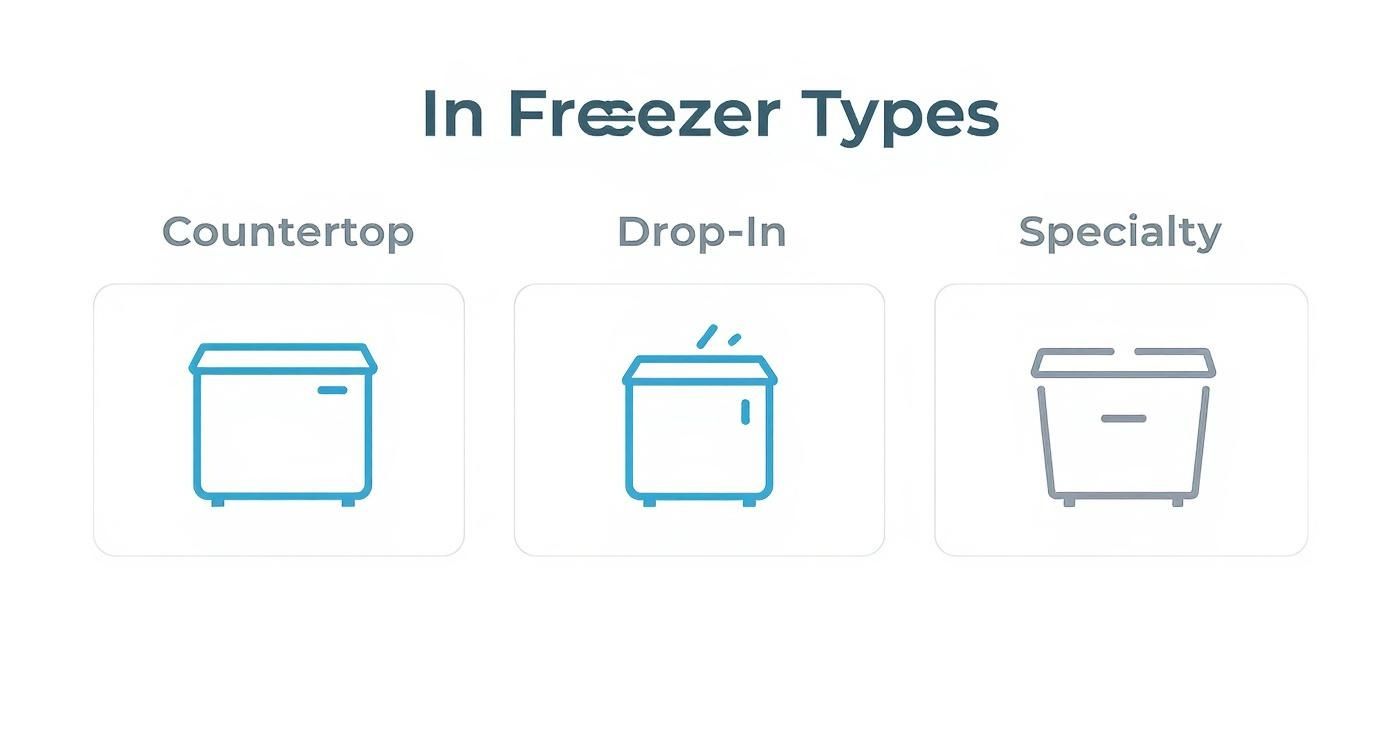 Three types of commercial freezers displayed: countertop, drop-in, and specialty models with simple icon illustrations
