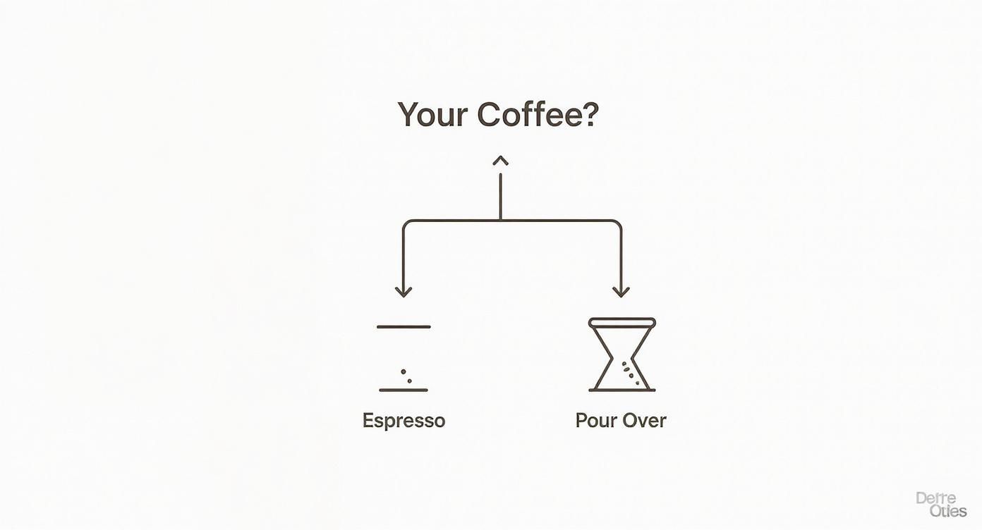 Coffee brewing decision flowchart showing espresso machine and pour over filter options