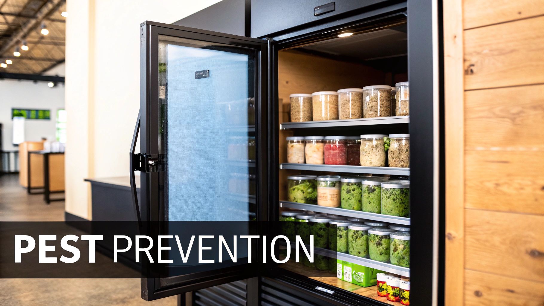 An open commercial refrigerator showcasing organized shelves of food in jars, with a 'Pest Prevention' banner.