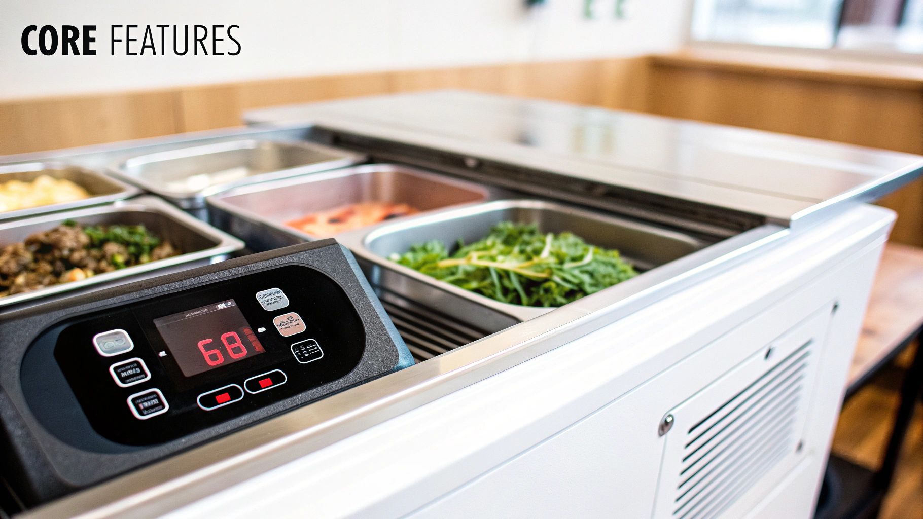 A white refrigerated prep table with stainless steel food pans holding fresh ingredients and a digital control panel.