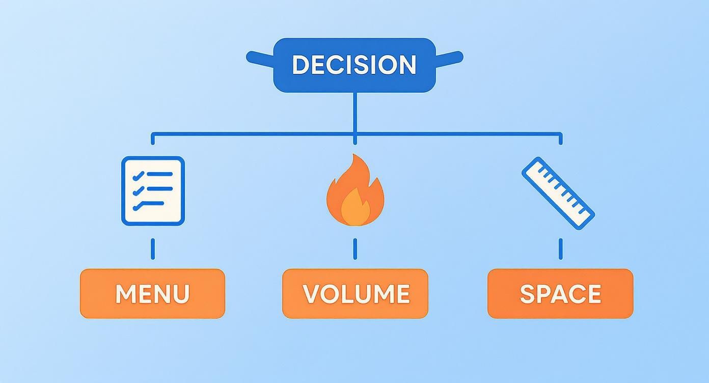 Infographic decision tree for choosing a griddle based on menu, volume, and space.