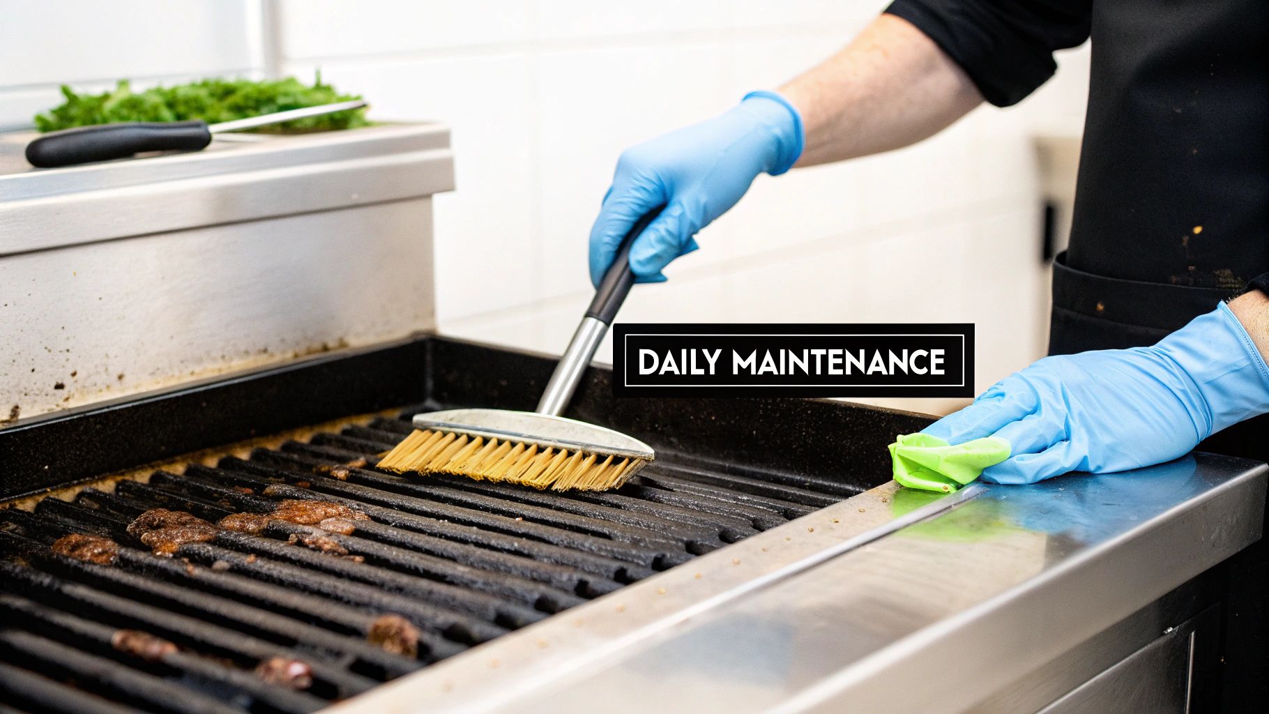 Hands in blue gloves cleaning a dirty grill with a brush and wiping a stainless steel surface.
