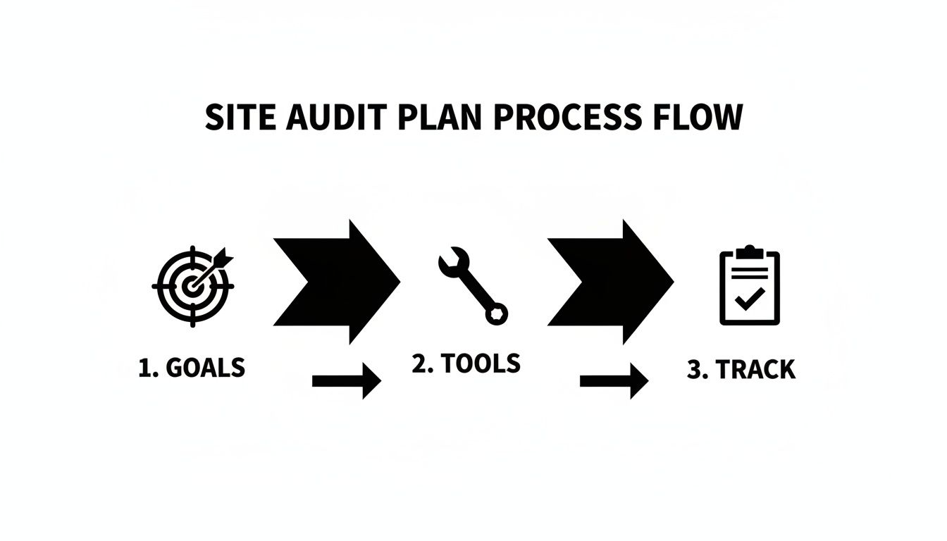 A three-step site audit plan process flow diagram showing goals, tools, and tracking.