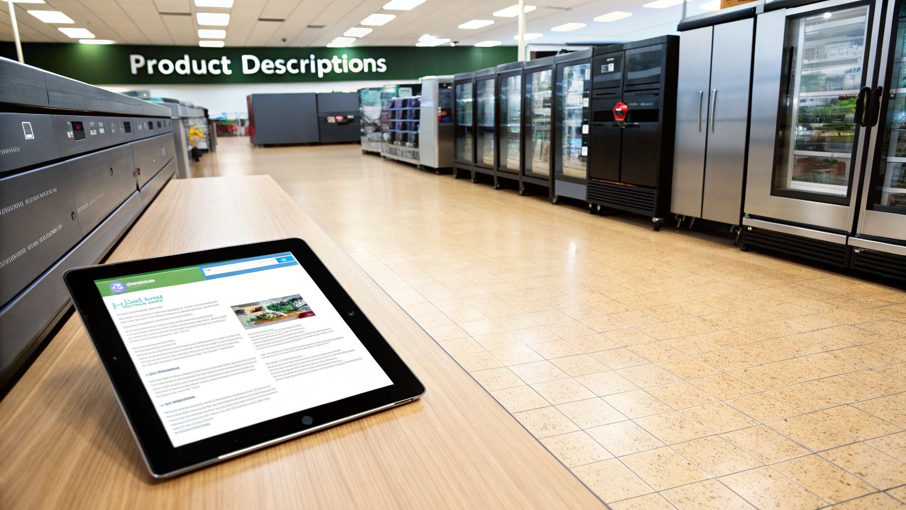 Tablet displaying product descriptions on a website, surrounded by commercial refrigerators in a store.