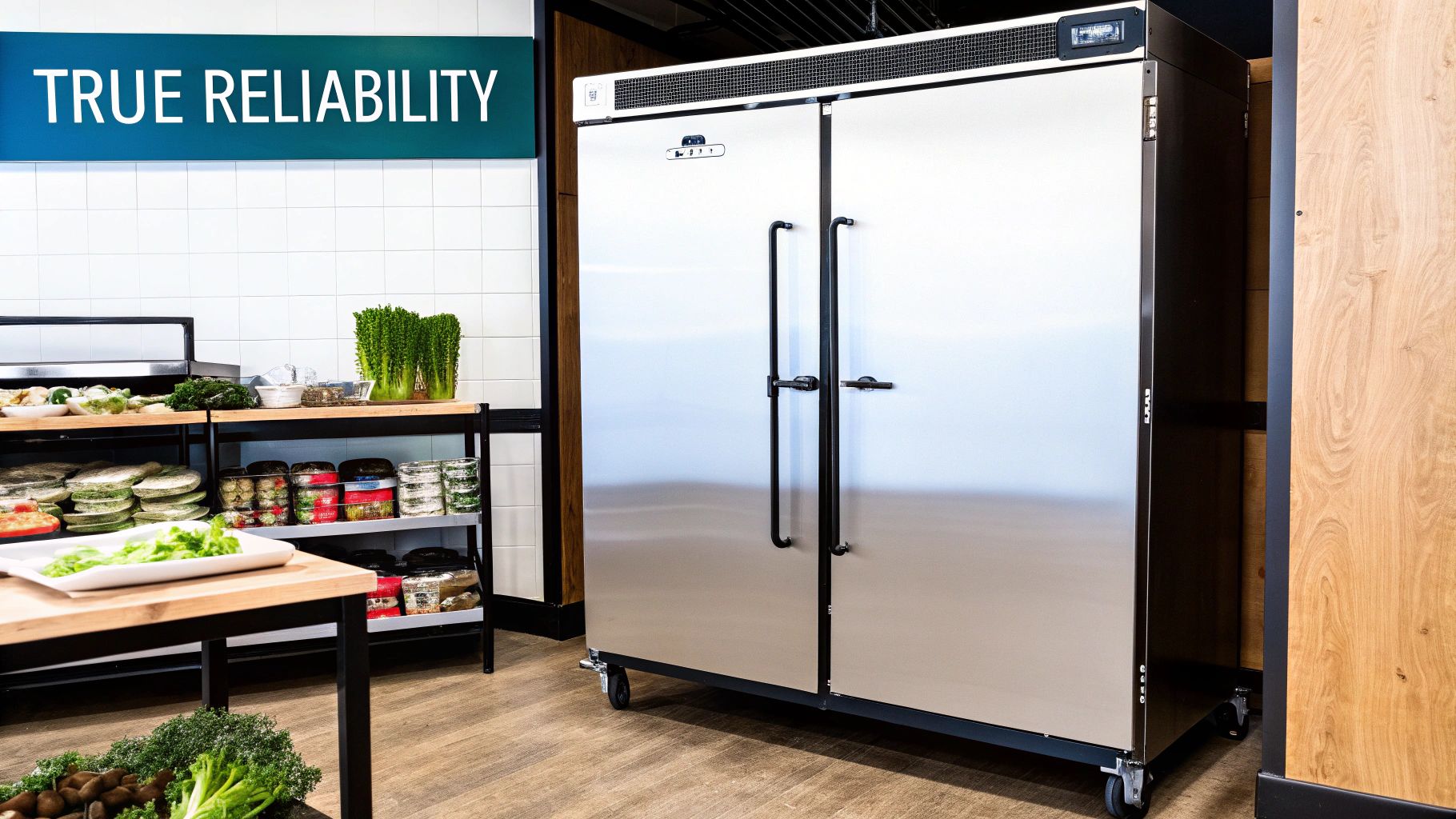 Large commercial stainless steel refrigerator in a food service area with fresh produce on shelves.
