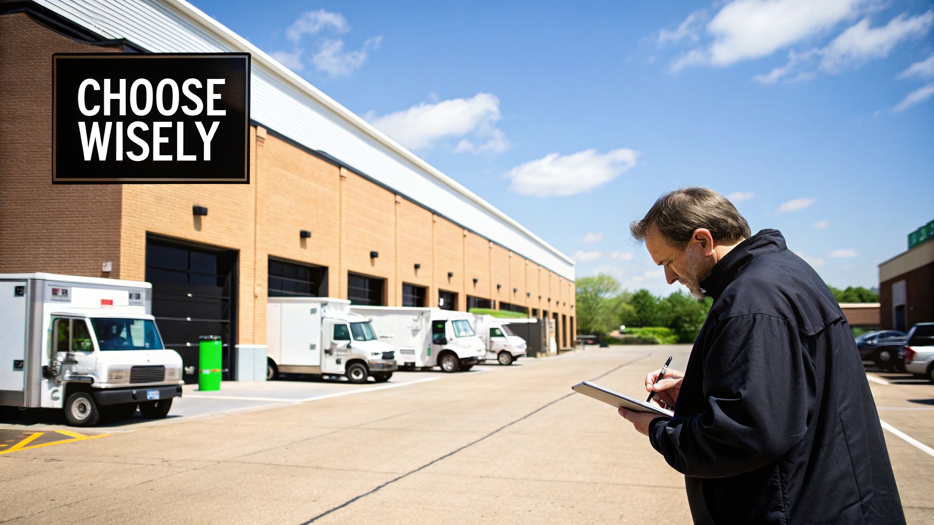 A man records notes on a clipboard in a commercial lot with trucks and a 'CHOOSE WISELY' sign.