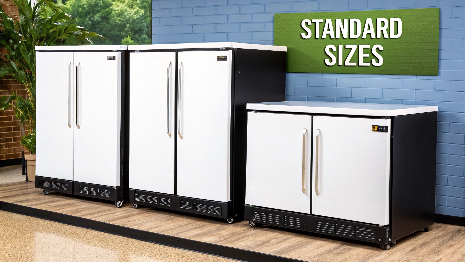 A line of commercial refrigerators, including tall double-door units and a shorter under-counter fridge, showcasing standard sizes.