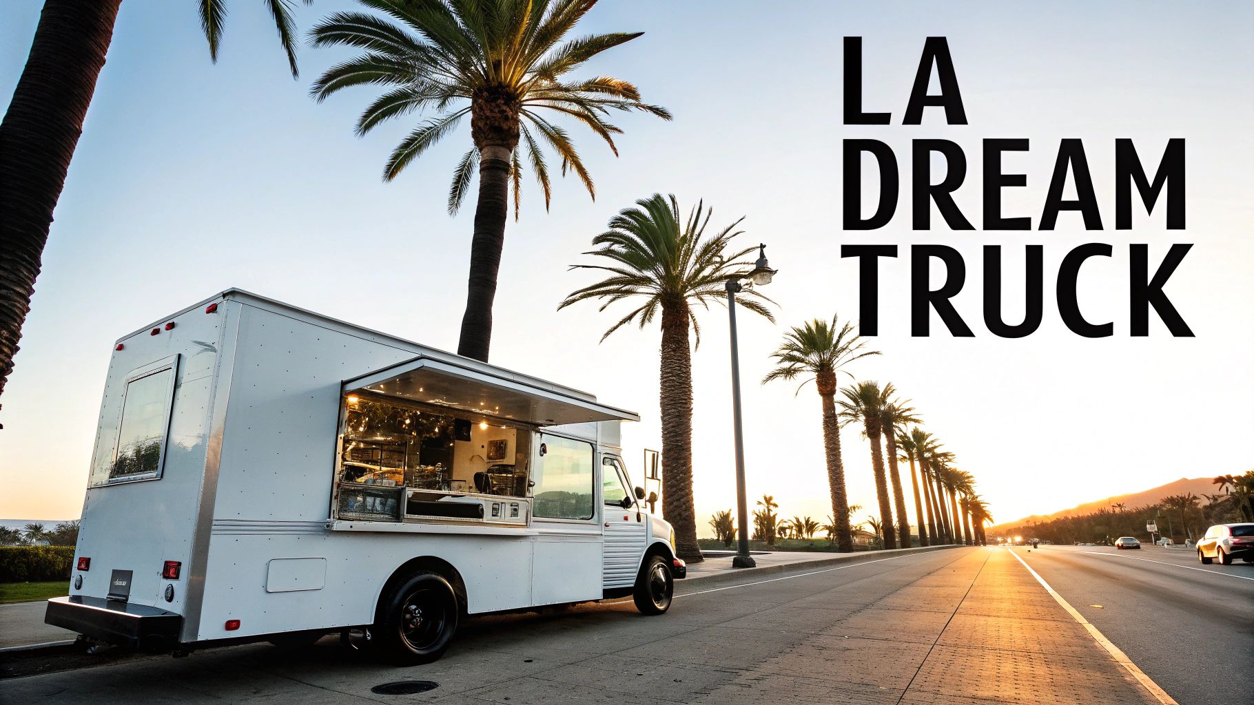 A white food truck with an open serving window, parked on a palm tree-lined street at sunset.