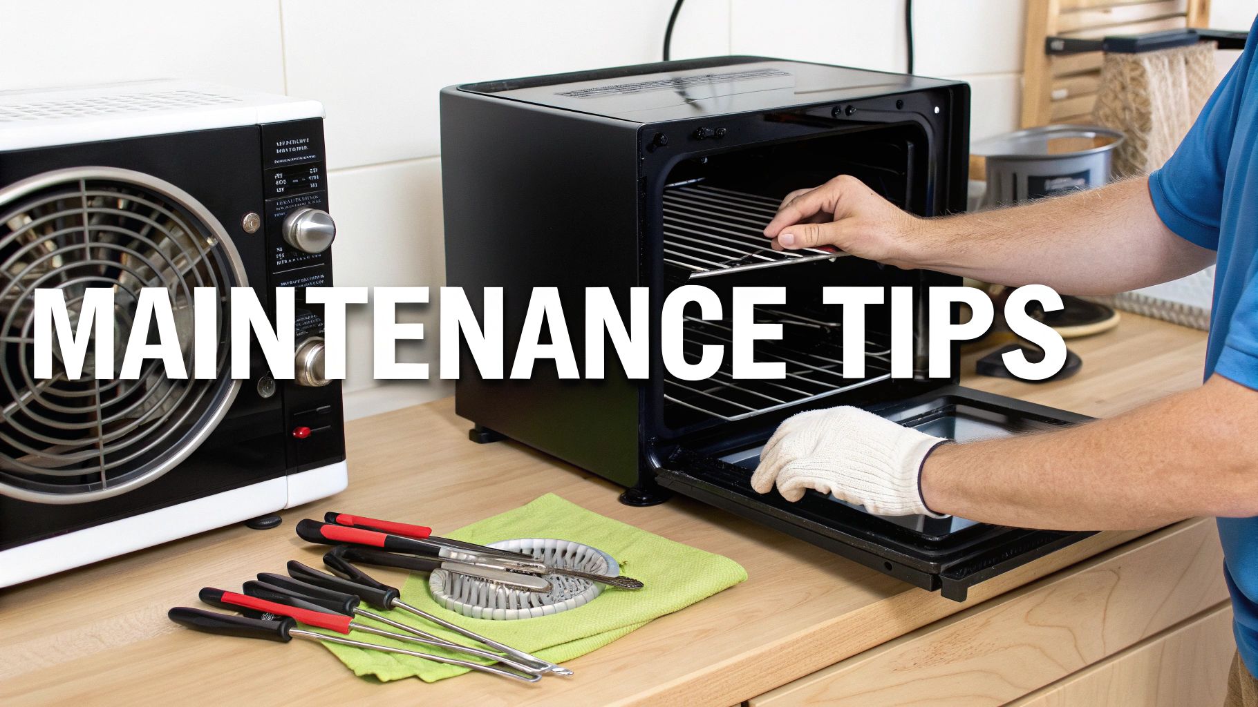 A person wearing a glove cleans a black countertop convection oven, next to various cleaning tools and another appliance.