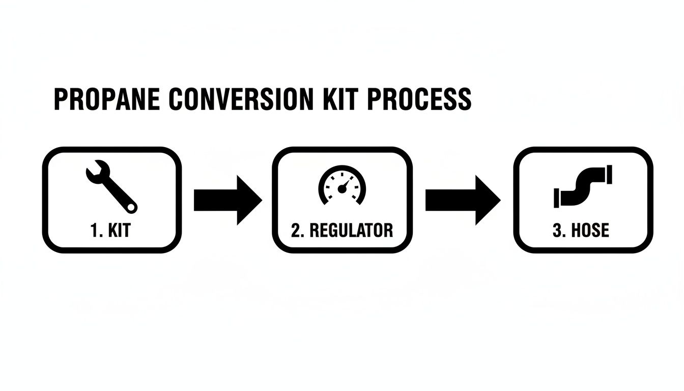 Flowchart illustrating the three-step propane conversion kit process: kit, regulator, and hose, with respective icons.