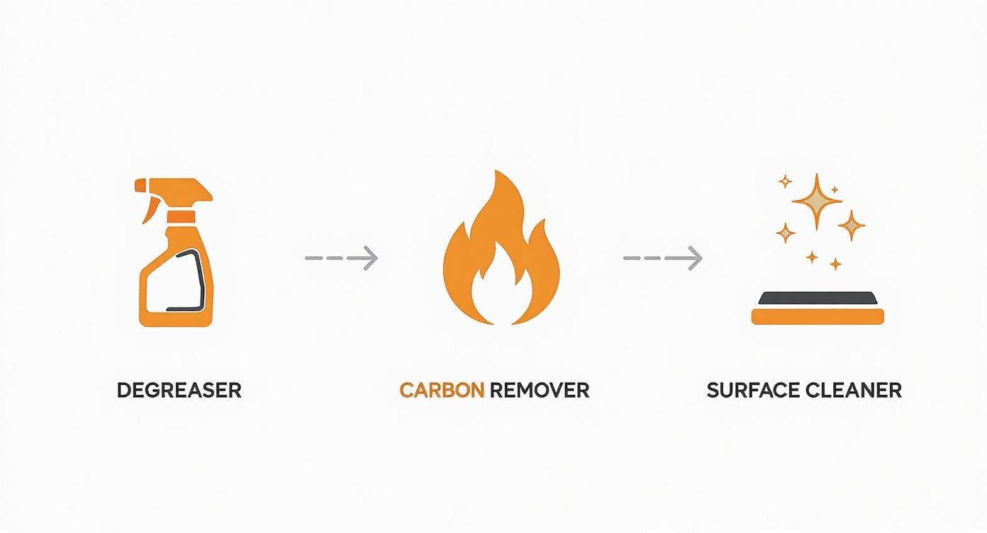 An illustration showing a three-step cleaning process: degreaser, carbon remover (flame icon), and surface cleaner (sparkling surface).