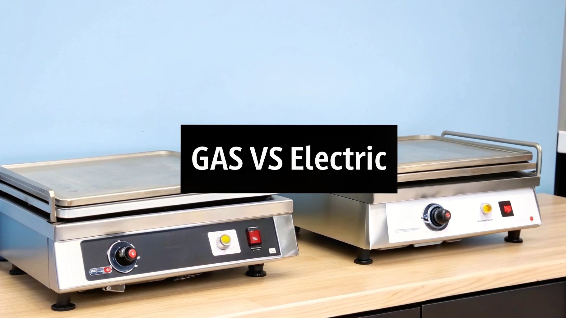 Two commercial gas and electric hot plate griddles on a wooden counter, comparing their types.