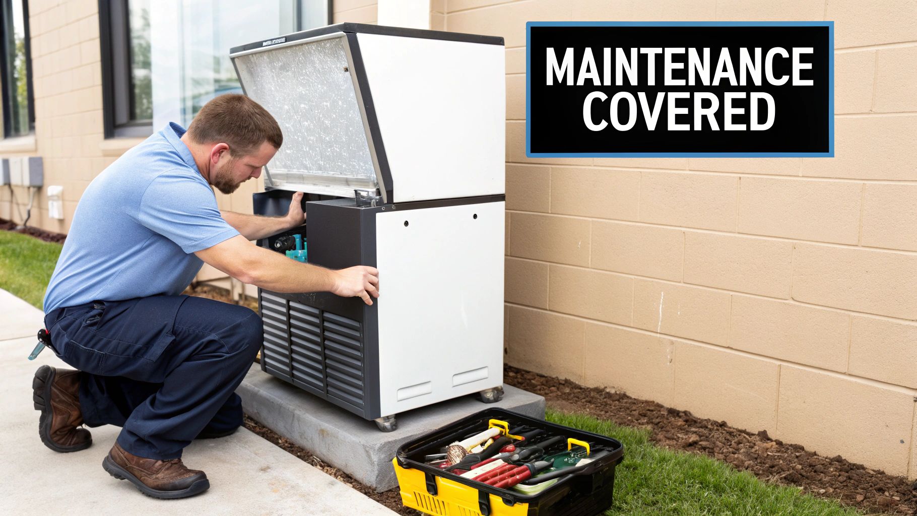 A technician performs maintenance on an outdoor ice machine, with a toolbox nearby, signifying covered service.