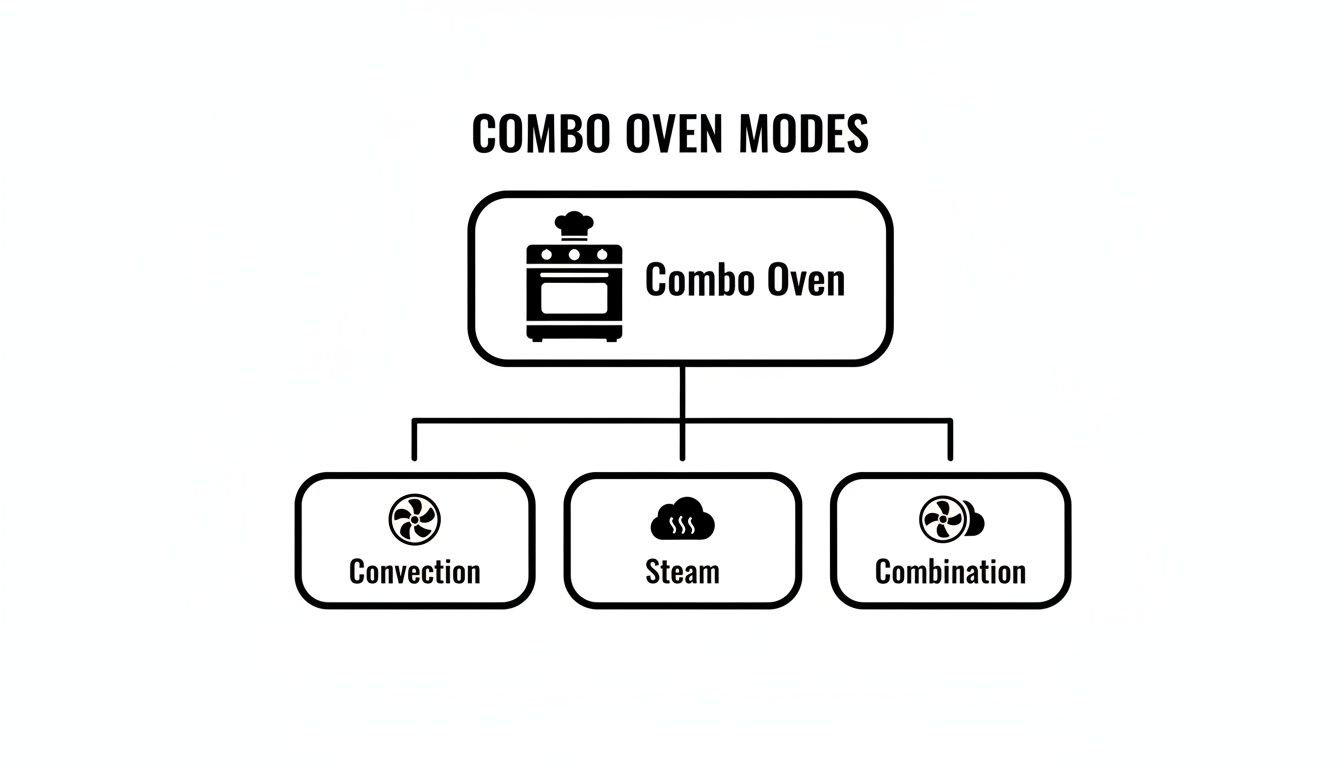 Diagram showing Combo Oven modes, including Convection, Steam, and Combination cooking functions.