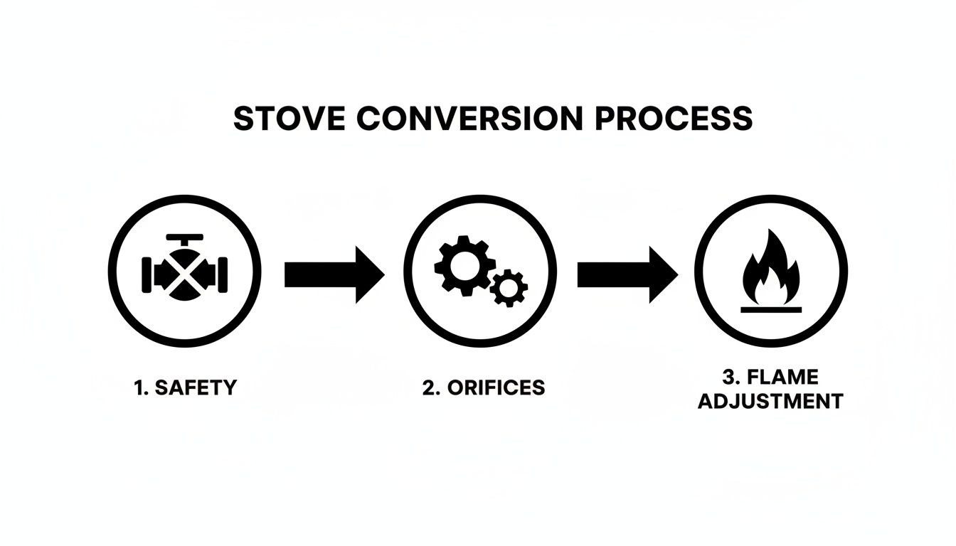 Diagram illustrating the three steps of a stove conversion process: safety, orifices, and flame adjustment.