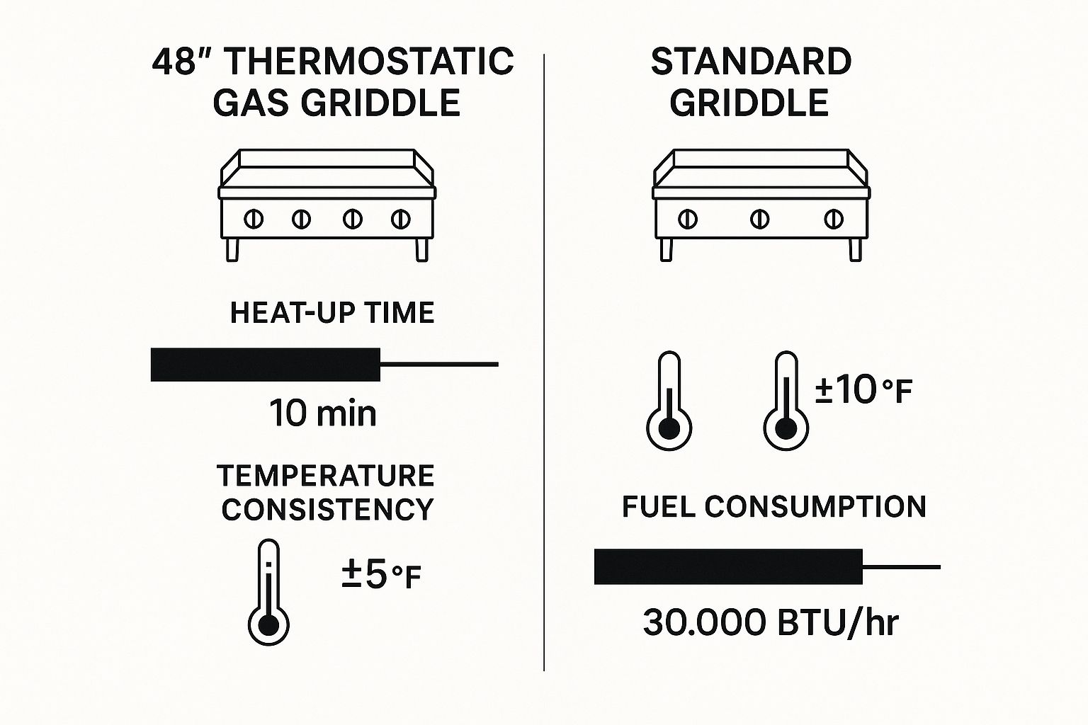 Infographic comparing a 48 thermostatic gas griddle to a standard griddle on heat-up time, temperature consistency, and fuel consumption.