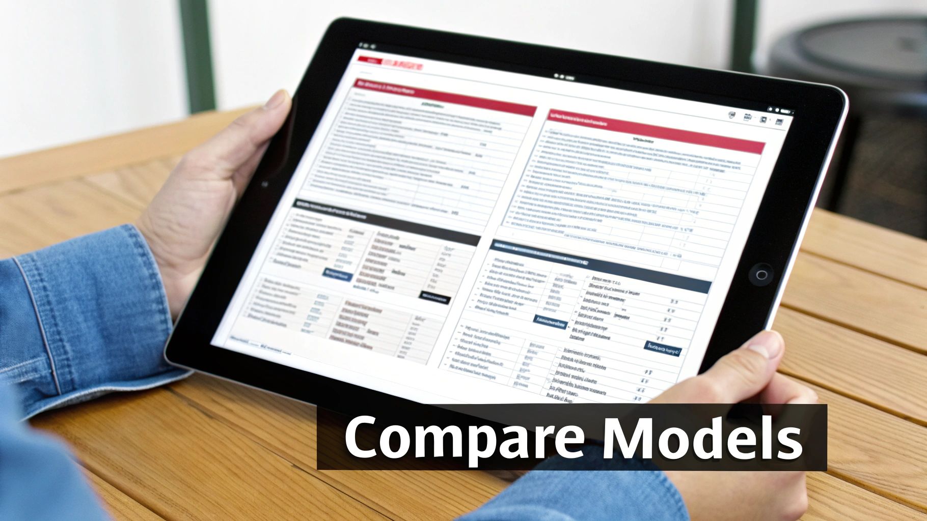 A person's hands hold a tablet displaying a detailed comparison document on a wooden table.