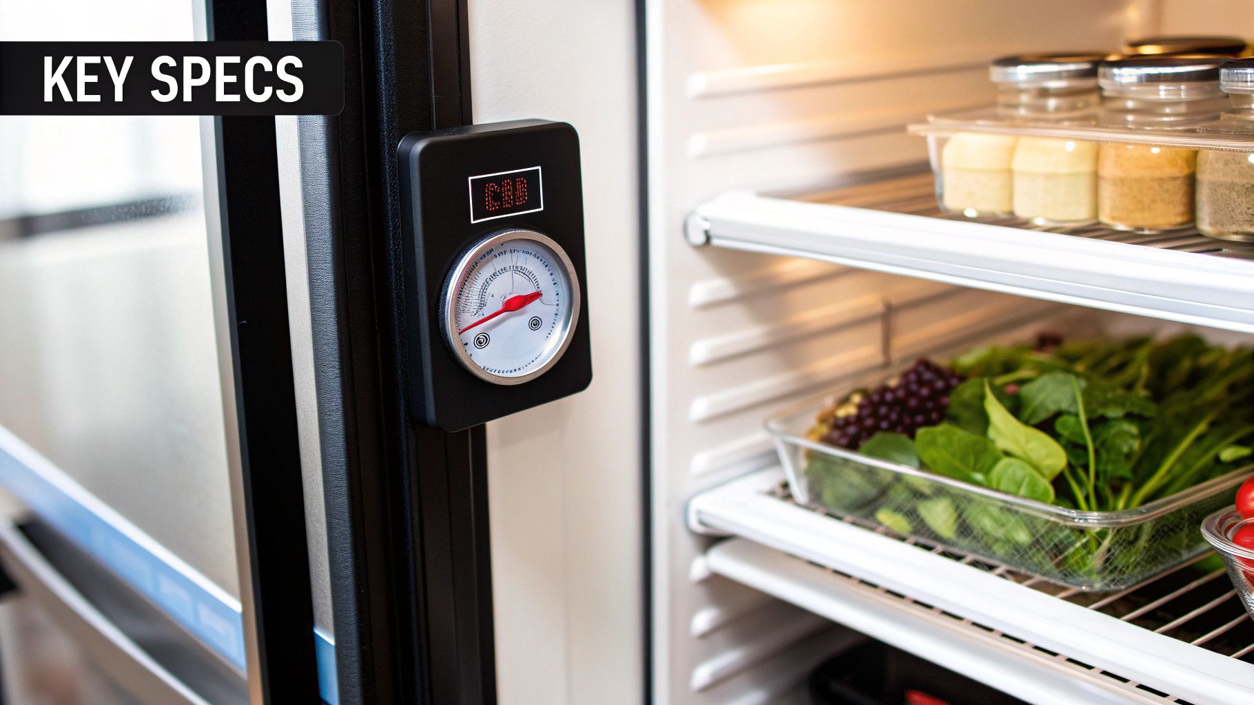 A well-stocked commercial fridge interior showing fresh produce, spices, and a visible temperature gauge.
