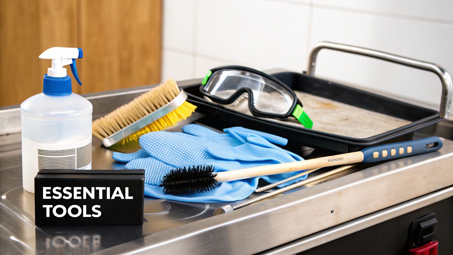Assortment of essential cleaning tools including gloves, brushes, spray bottle, and safety goggles on a stainless steel counter.