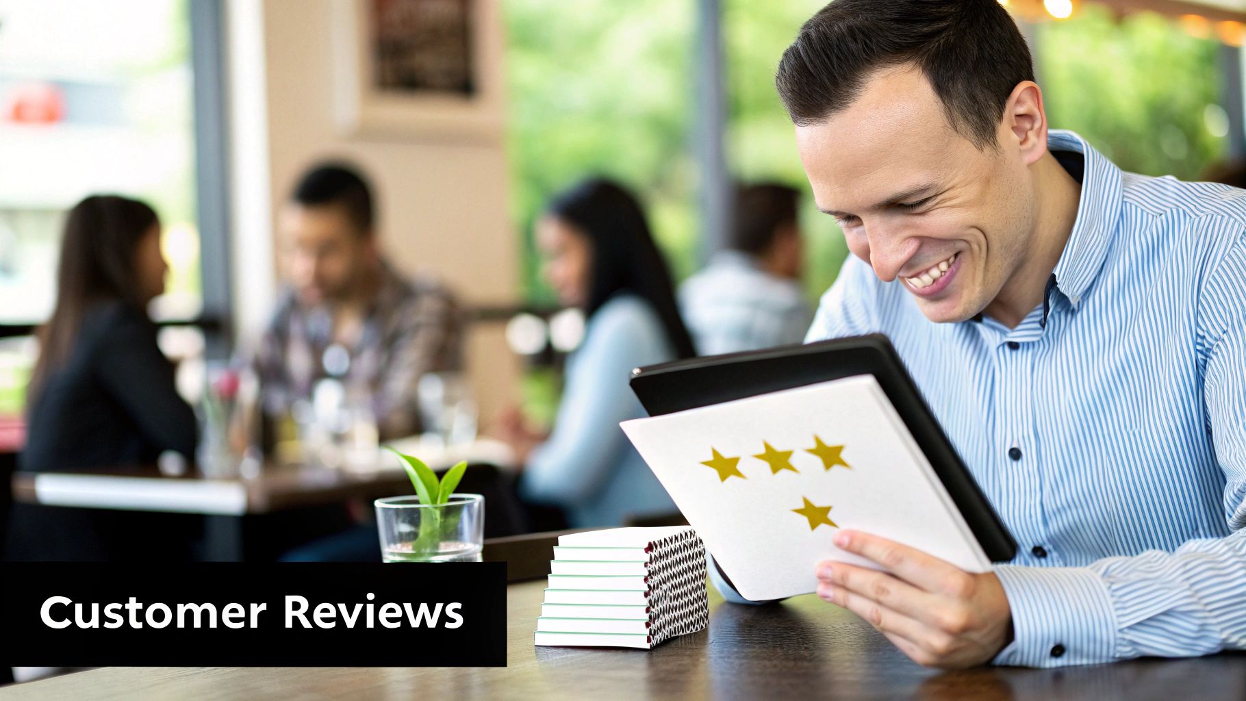 Smiling man views customer review stars on a tablet in a modern cafe setting.