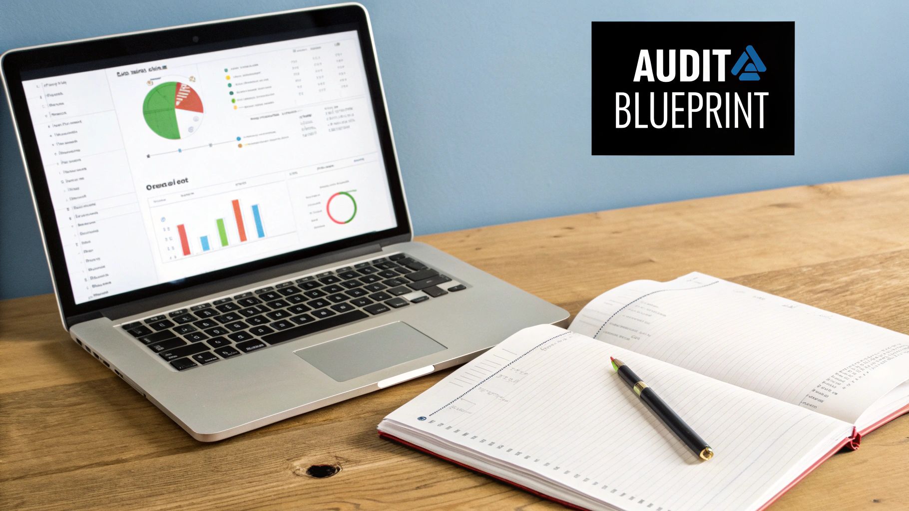 Laptop displaying data graphs, an open notebook with a pen, and an 'AUDIT BLUEPRINT' logo on a wooden desk.