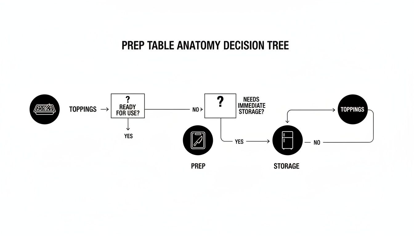 Decision tree illustrating the workflow for prep table toppings, including readiness checks, preparation, and storage.