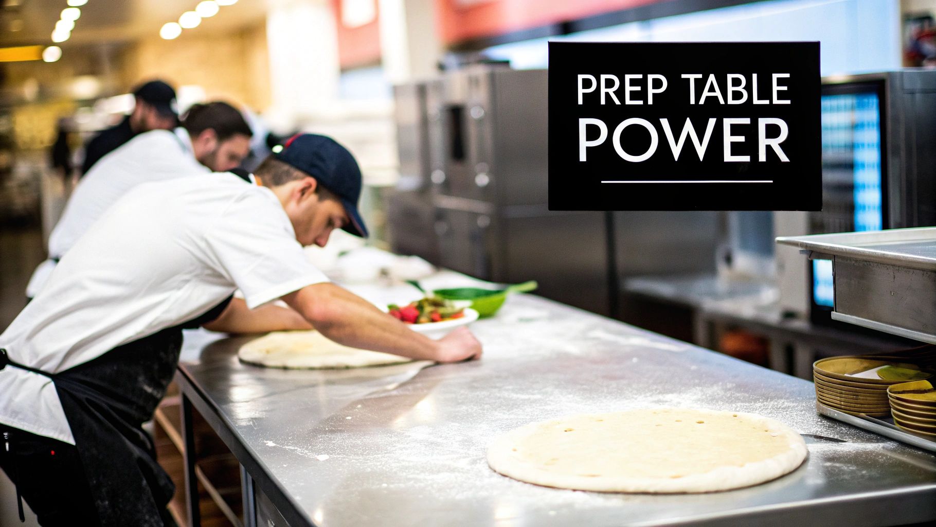 Several chefs are working with dough on a flour-dusted stainless steel kitchen prep table.