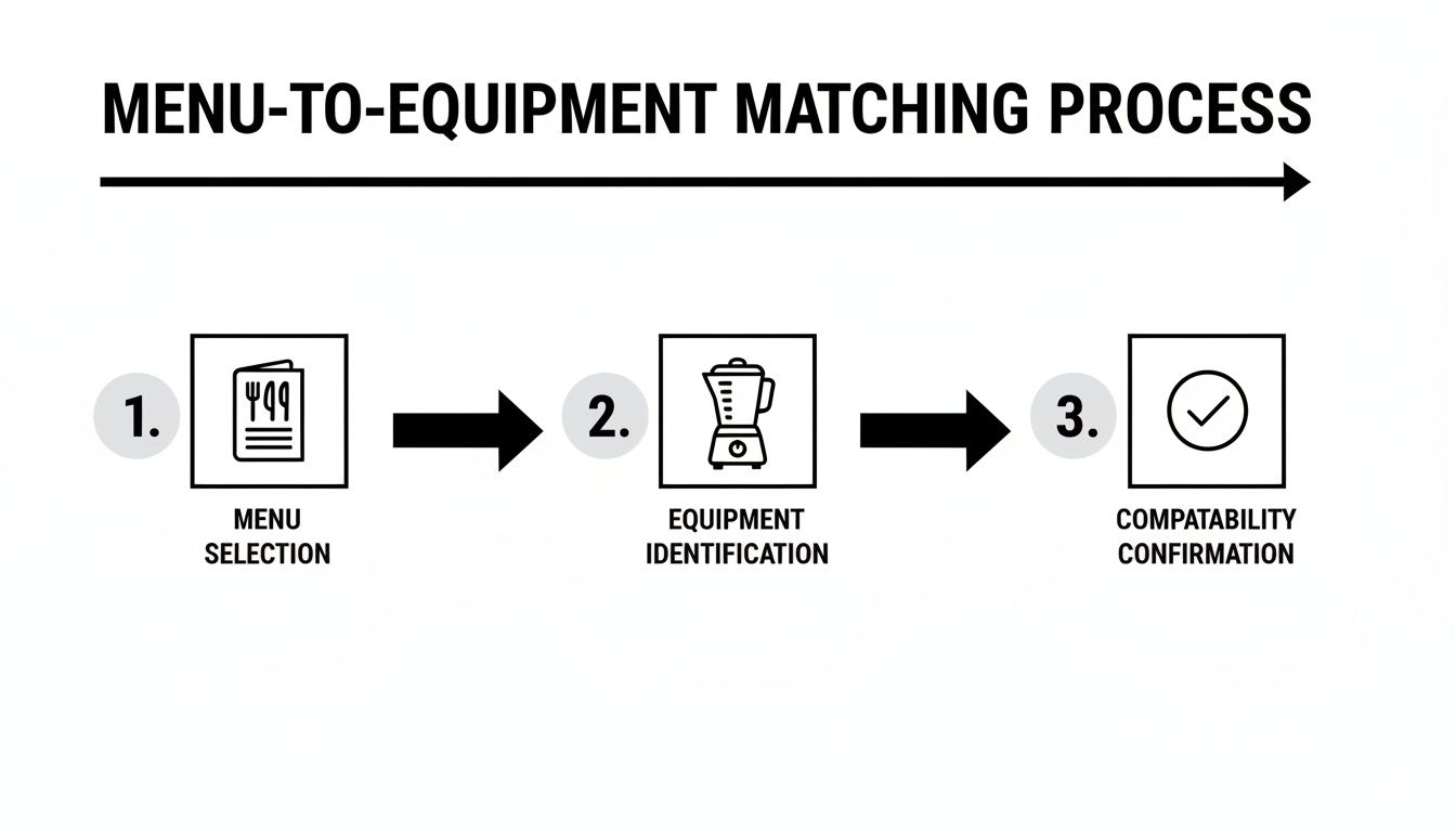 Process flow diagram showing menu selection, equipment identification, and compatibility confirmation steps.