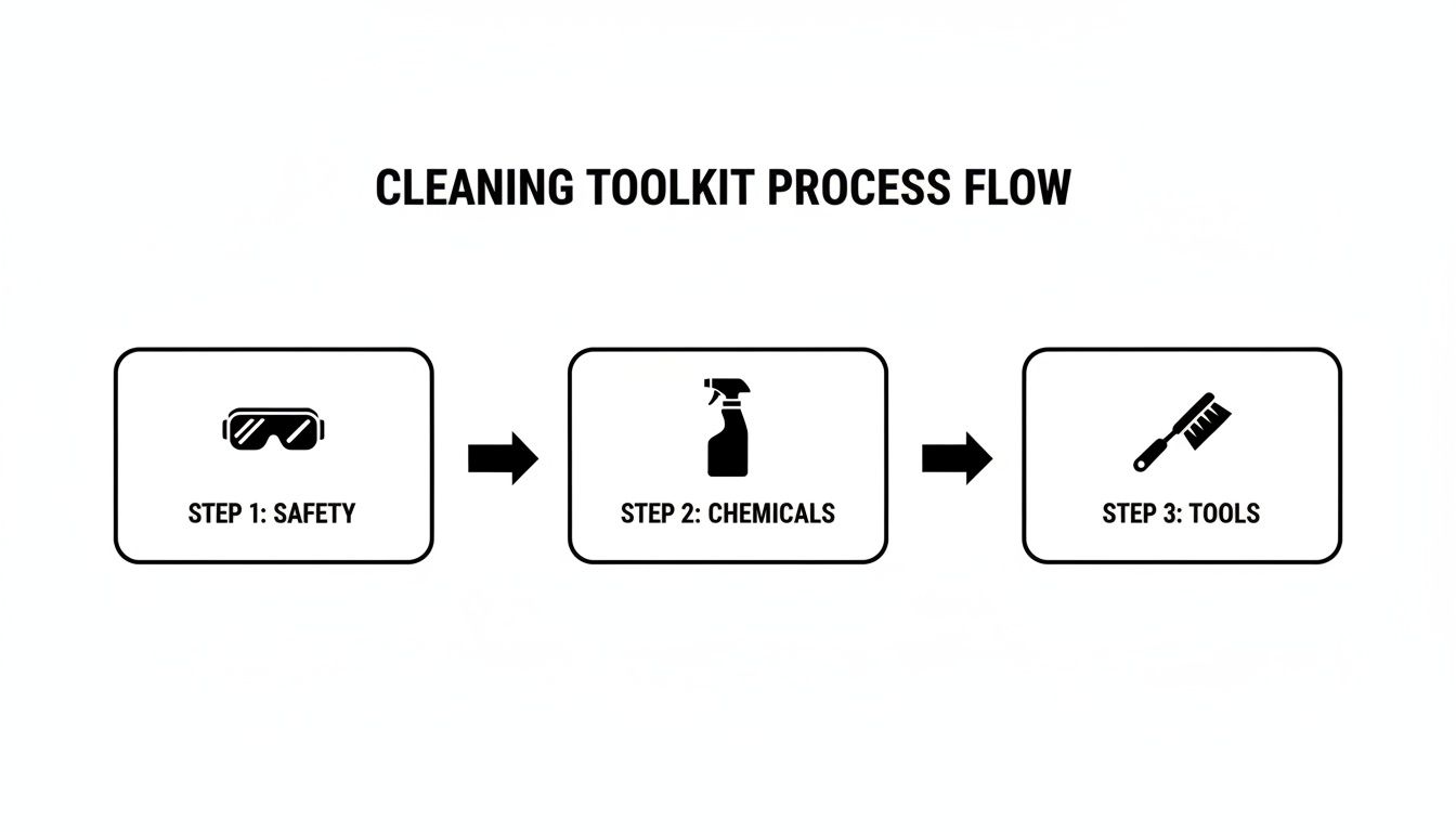 A cleaning toolkit process flow diagram showing steps for safety, chemicals, and tools.