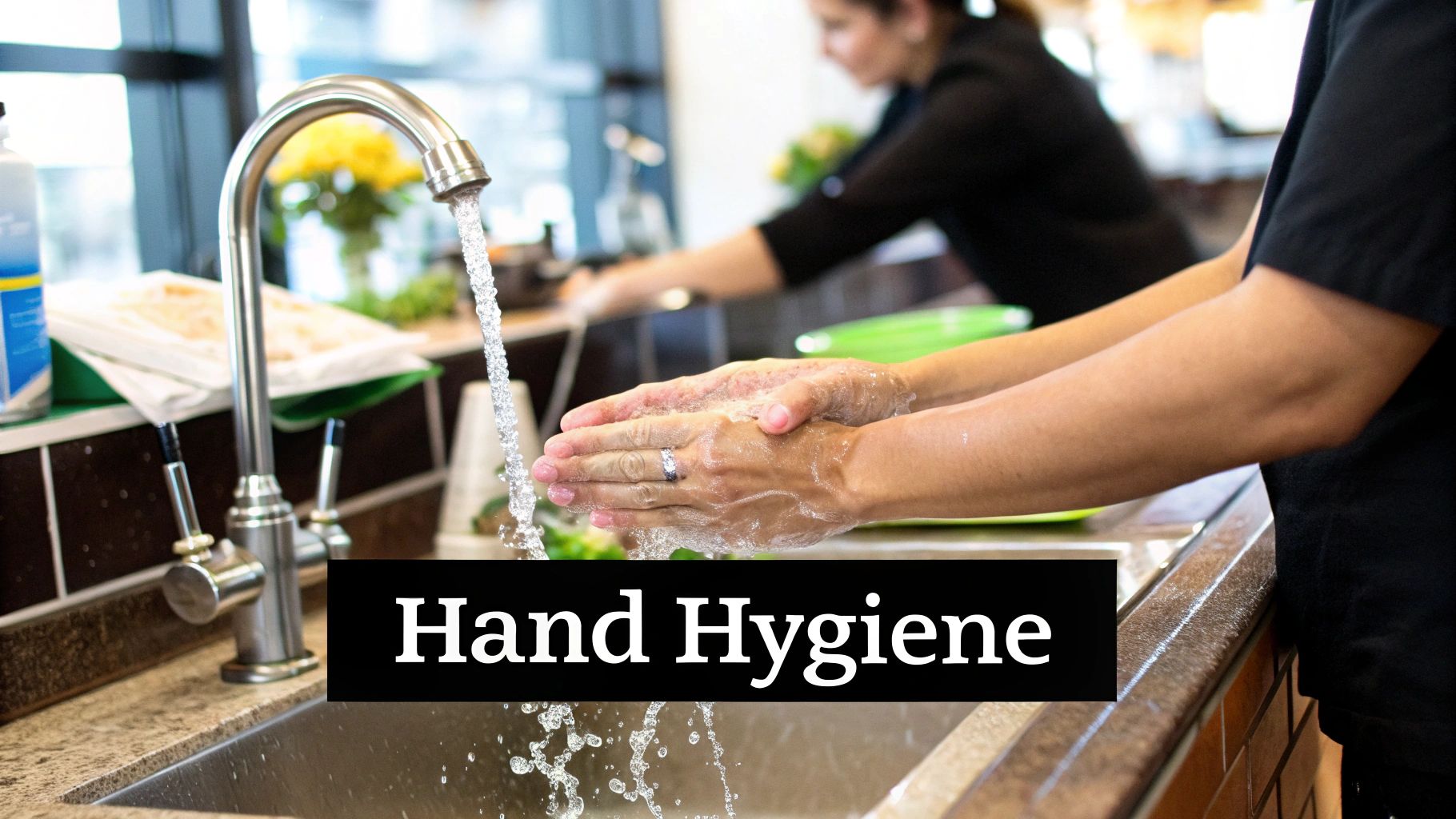 An illustration showing a restaurant staff member demonstrating proper handwashing technique at a dedicated sink, with soap and paper towels readily available.