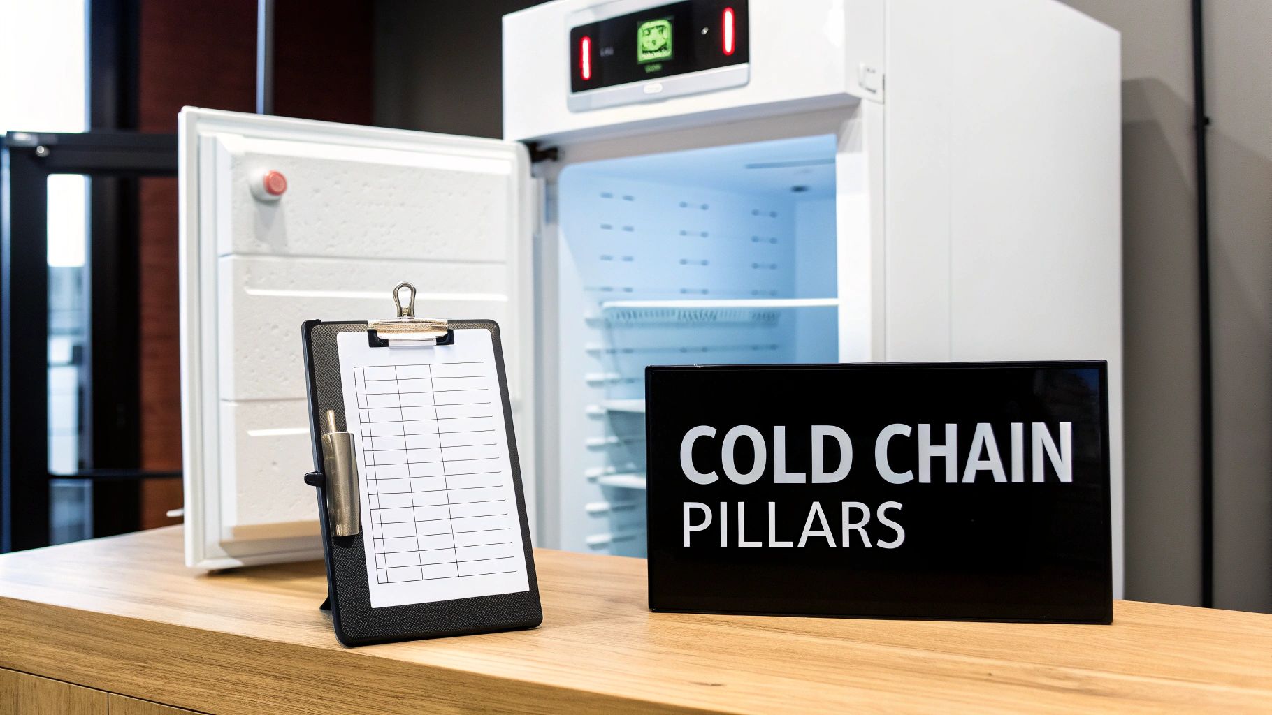 An open white refrigerator, a clipboard, and a 'COLD CHAIN PILLARS' sign on a wooden counter.