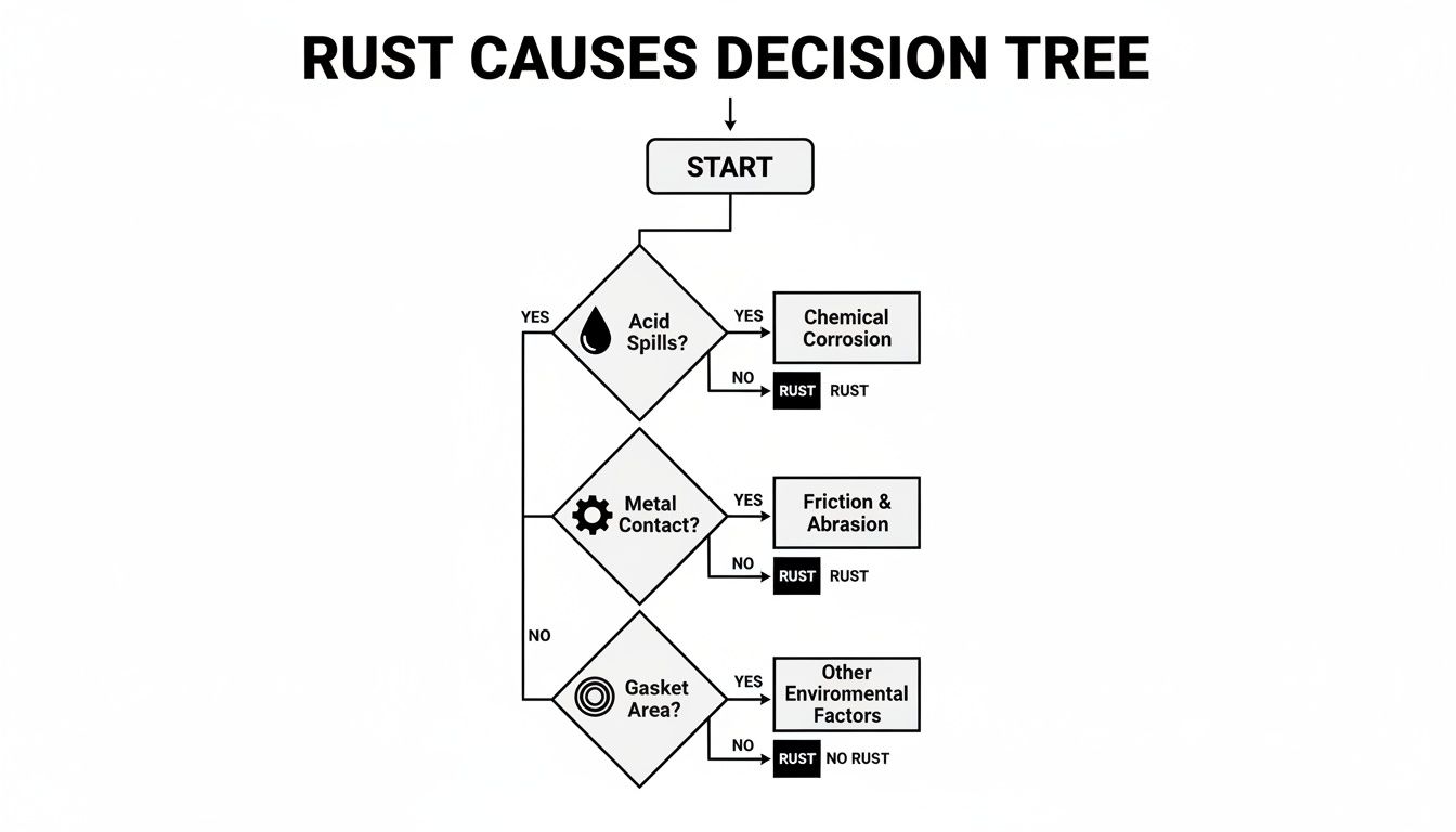 Decision tree flowchart illustrating various causes of rust, including acid spills, metal contact, and gasket area factors.