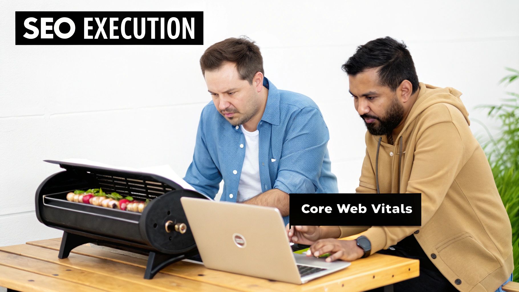 Two men, one in blue and one in brown, collaborating on SEO execution and Core Web Vitals with a laptop.