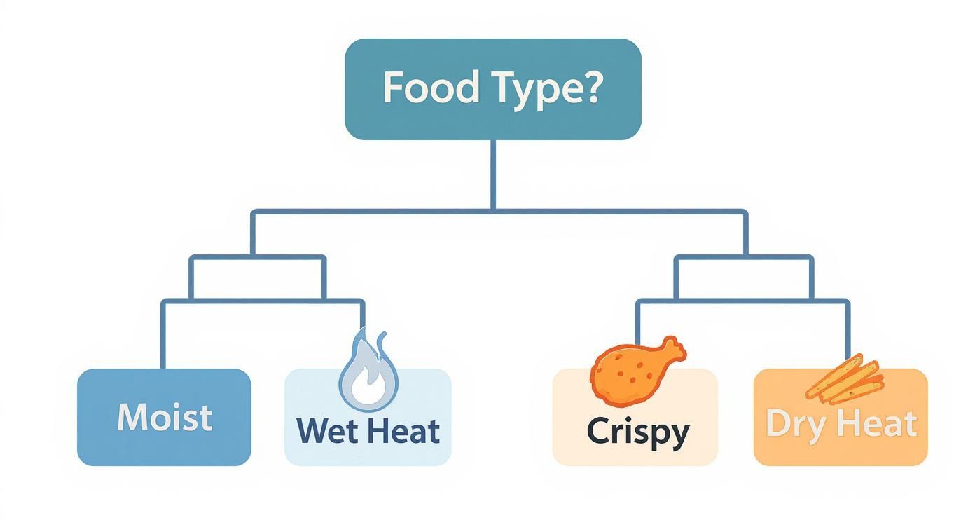 Flowchart diagram showing four cooking methods: moist, wet heat, crispy, and dry heat for food preparation