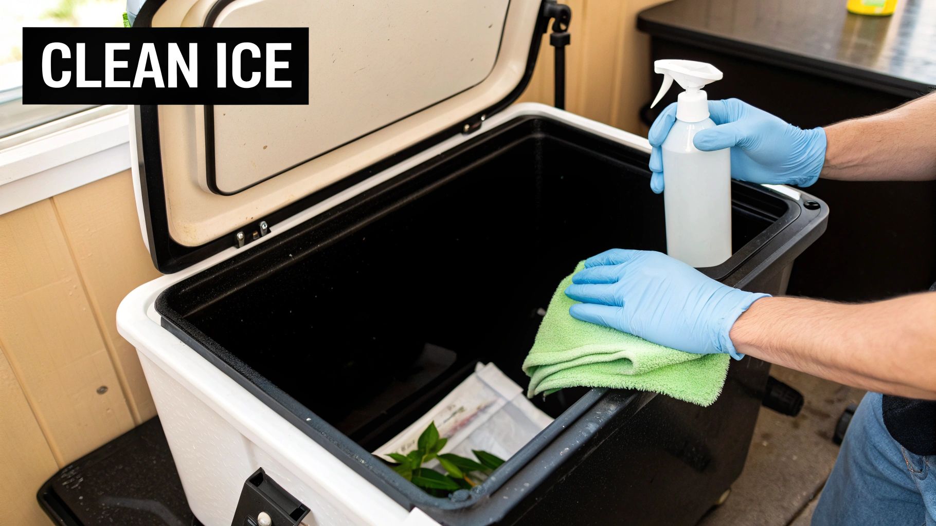 A person wearing blue gloves cleans the black interior of an ice machine bin with a spray bottle.