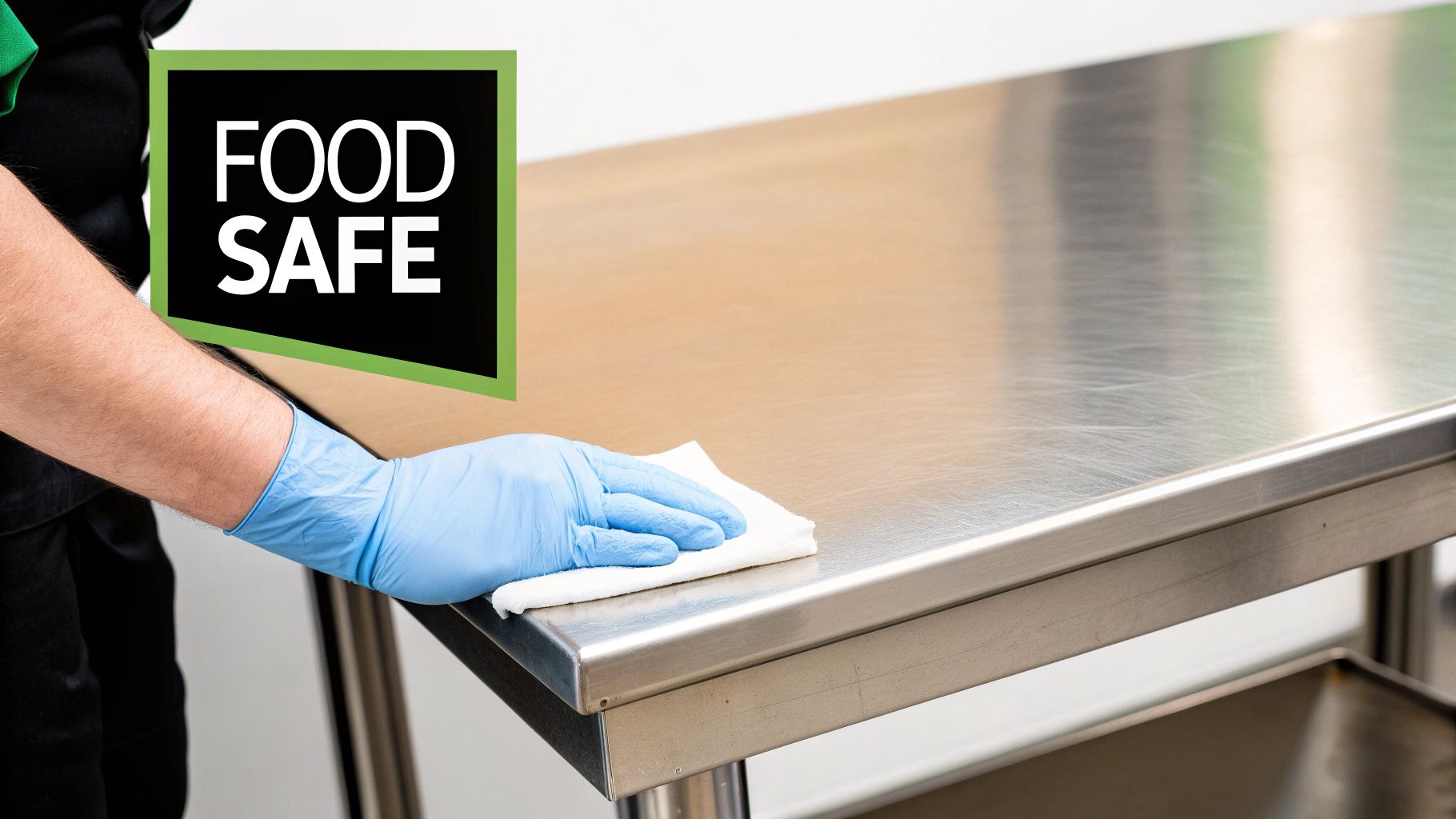 Gloved hand cleaning a stainless steel kitchen work table, with a "FOOD SAFE" sign.