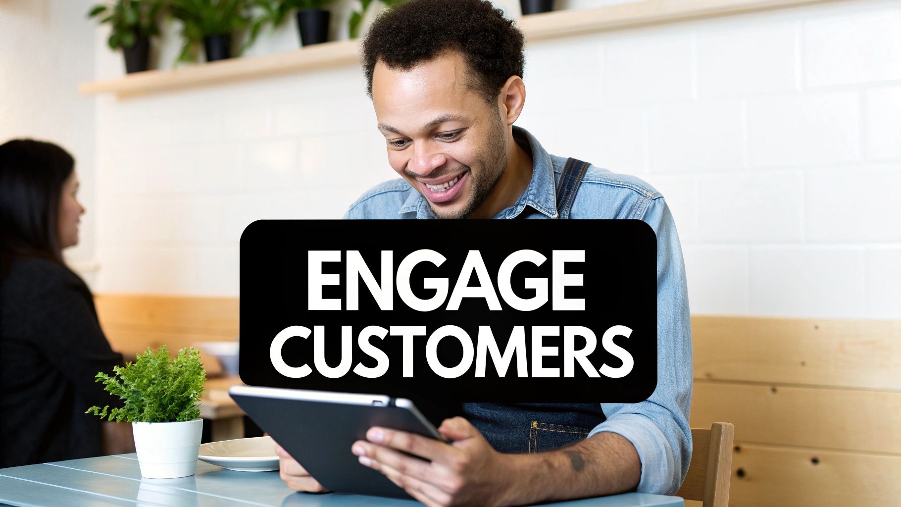A smiling man uses a tablet displaying 'ENGAGE CUSTOMERS' text, illustrating customer interaction and digital marketing.