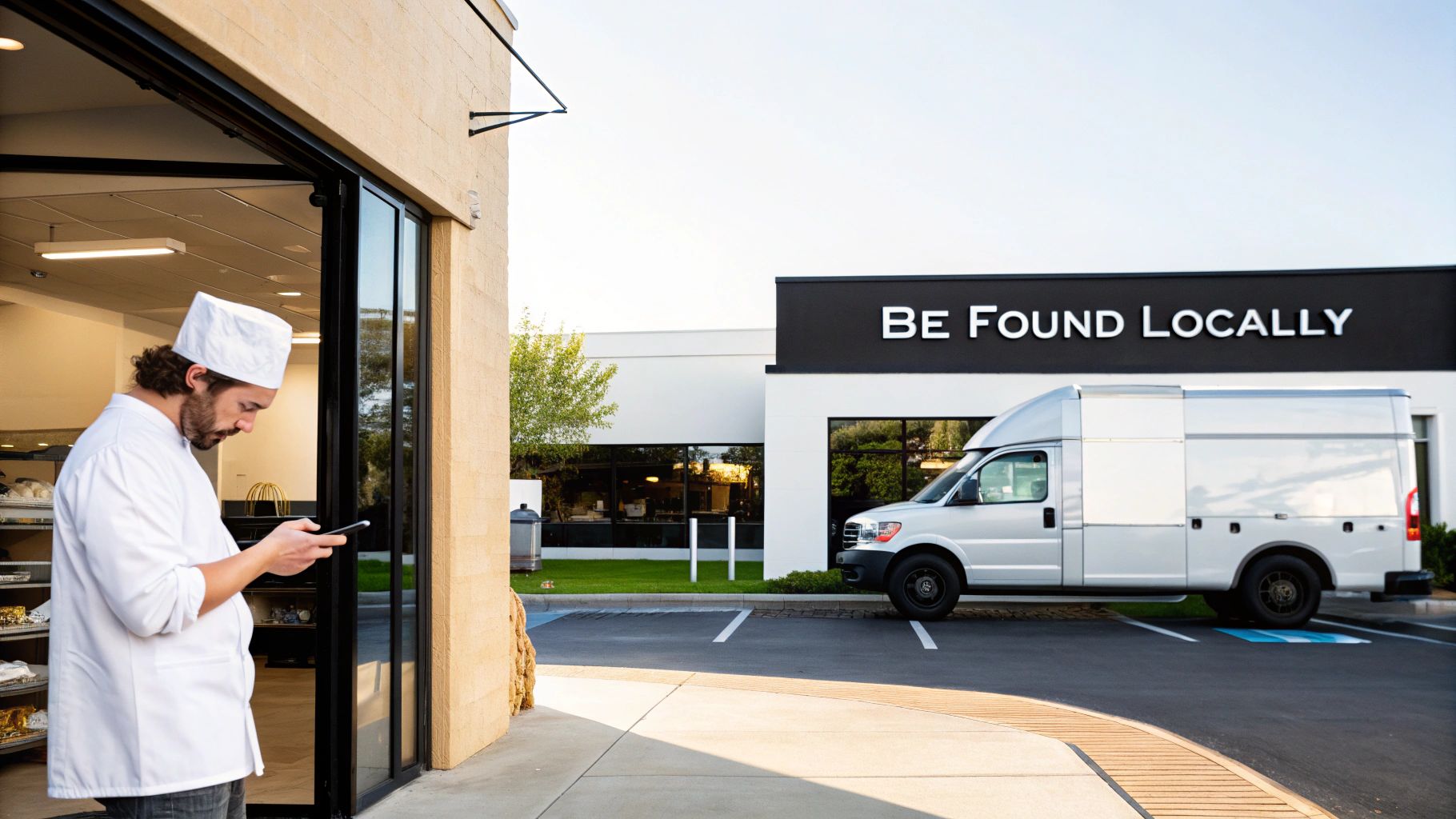 A chef looks at his phone by a storefront, a service van parked near a 'BE FOUND LOCALLY' building.