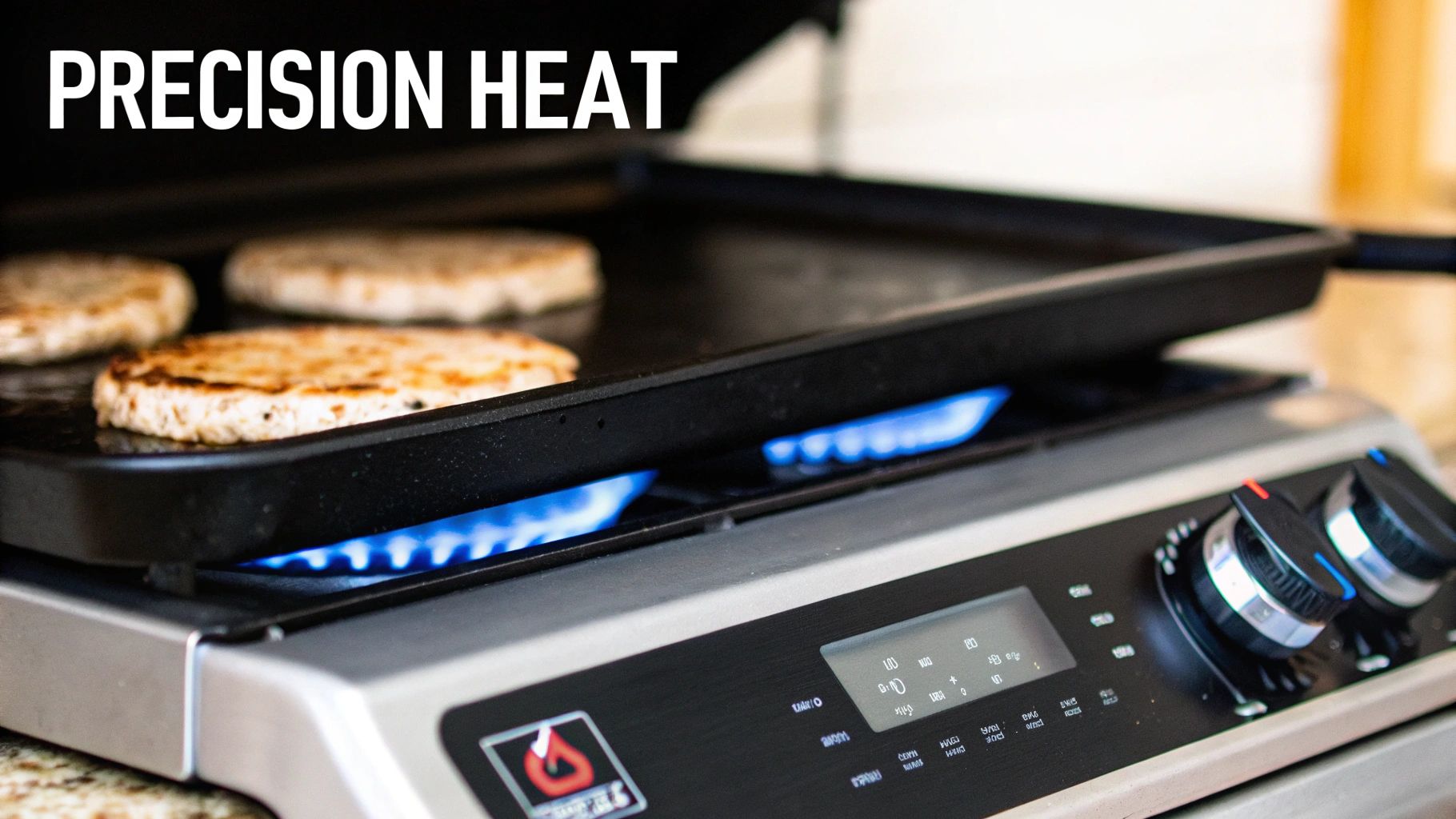 A close-up shot of a 48-inch thermostatic gas griddle with perfectly cooked pancakes and bacon, highlighting even browning.
