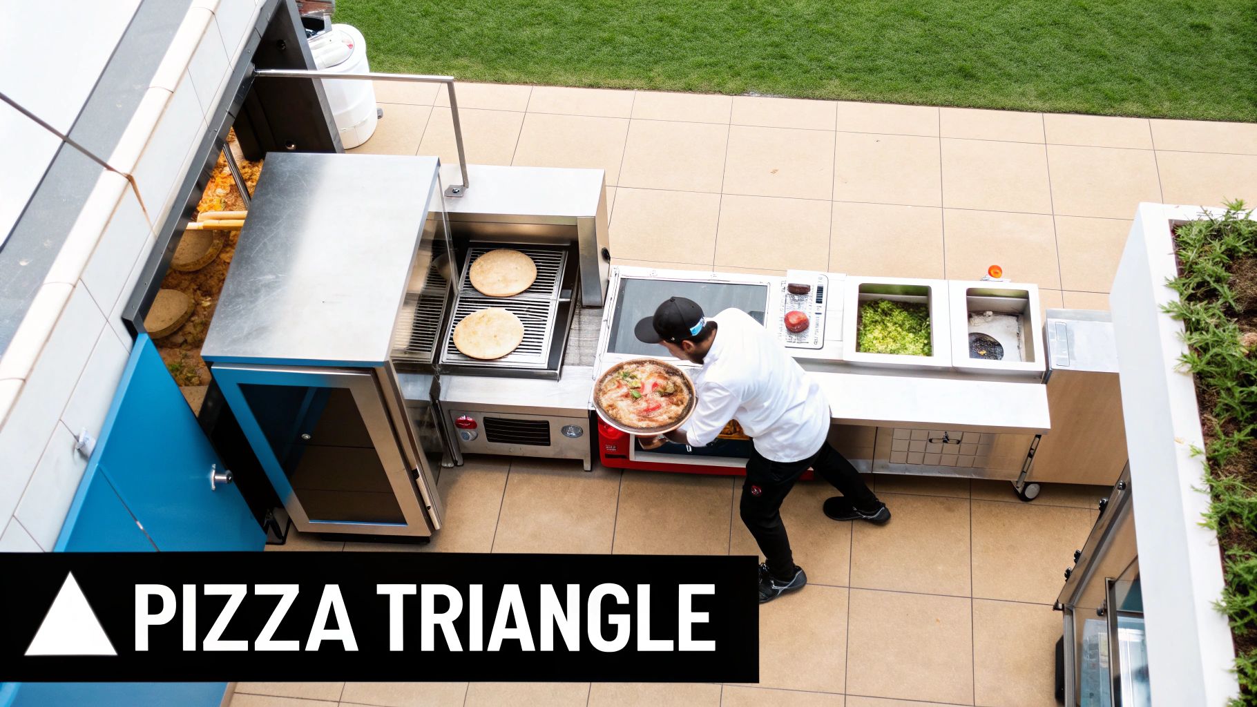 Overhead view of a chef preparing and serving pizza at an outdoor cooking station.