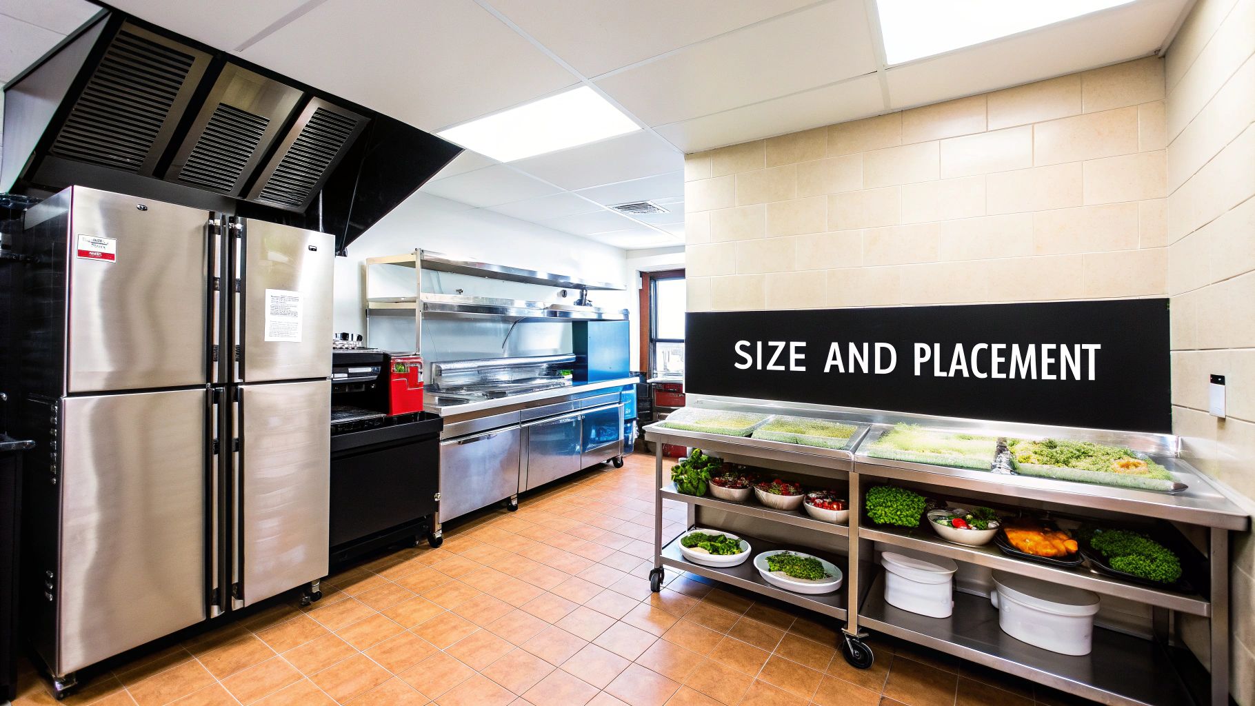 A clean commercial kitchen featuring stainless steel refrigerators, an exhaust hood, and a fresh salad bar.