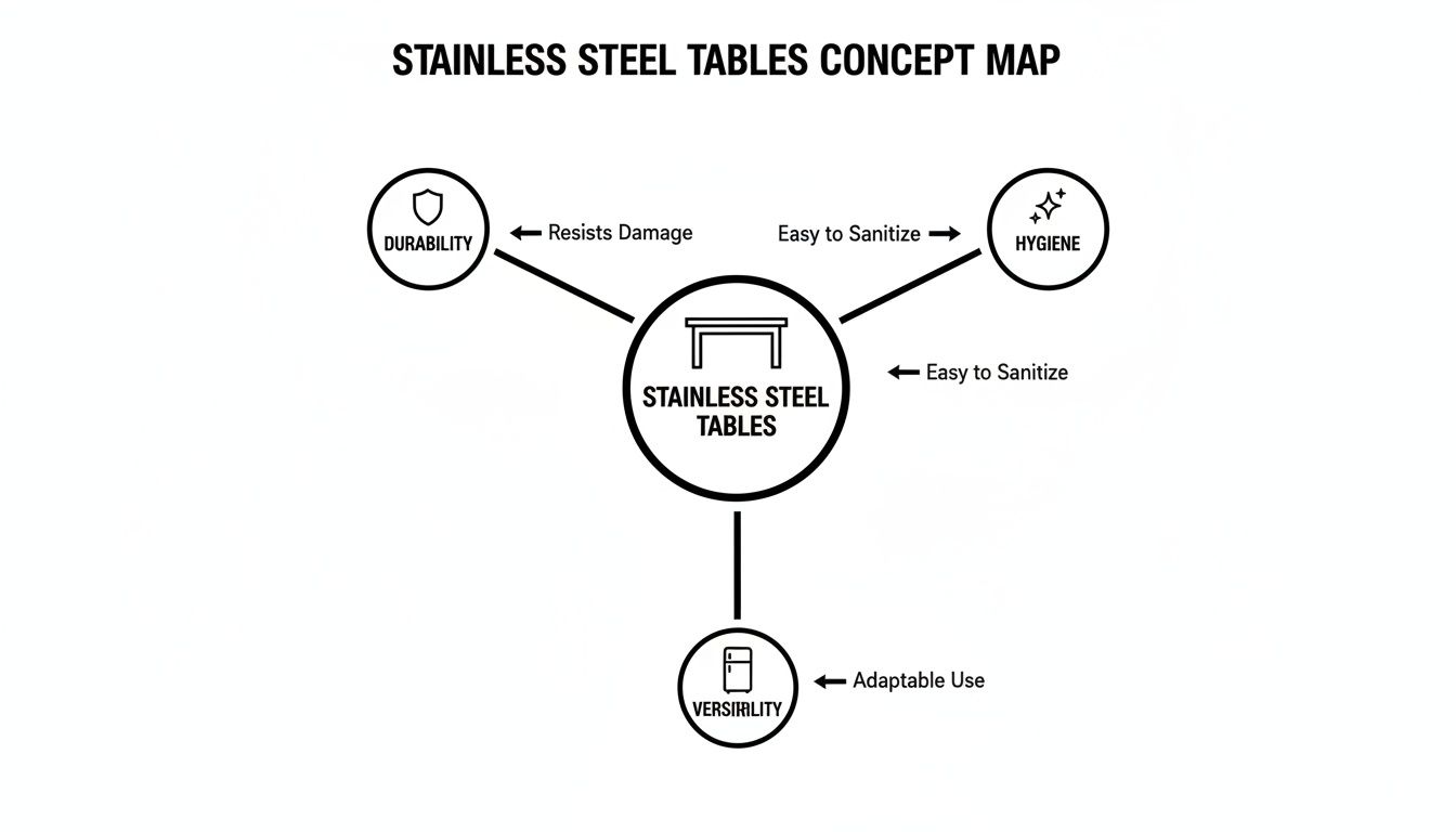 Concept map illustrating the key benefits of stainless steel tables: durability, hygiene, and versatility.