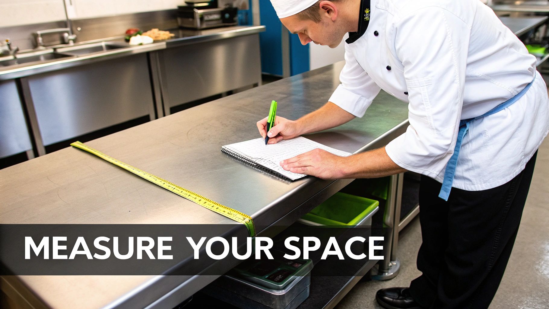 A chef in a white uniform measures a stainless steel kitchen prep table, writing in a notebook.