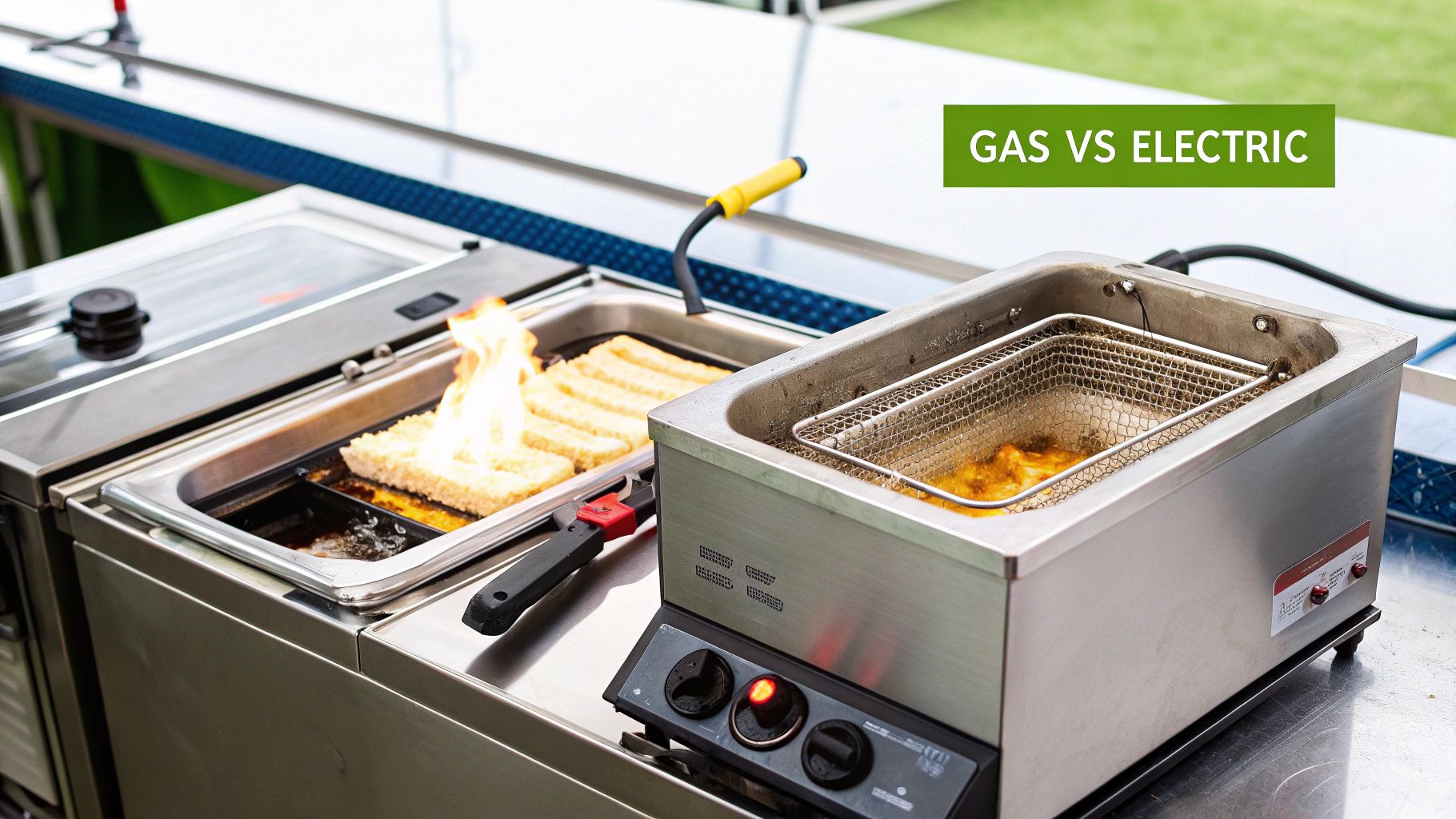 A commercial deep fryer being used in a professional kitchen setting.