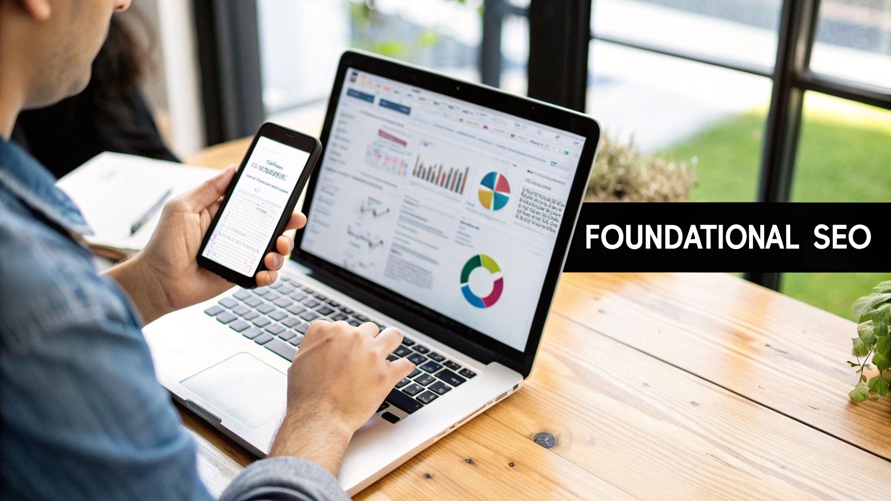 A magnifying glass hovering over a website on a laptop screen, symbolizing SEO analysis.