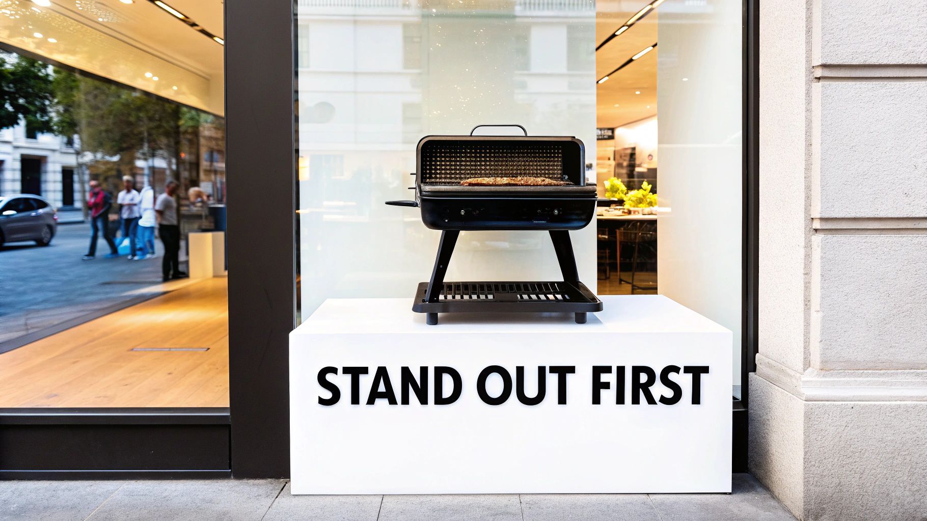 A black portable grill with food on a white stand displaying 'STAND OUT FIRST' in a store window.