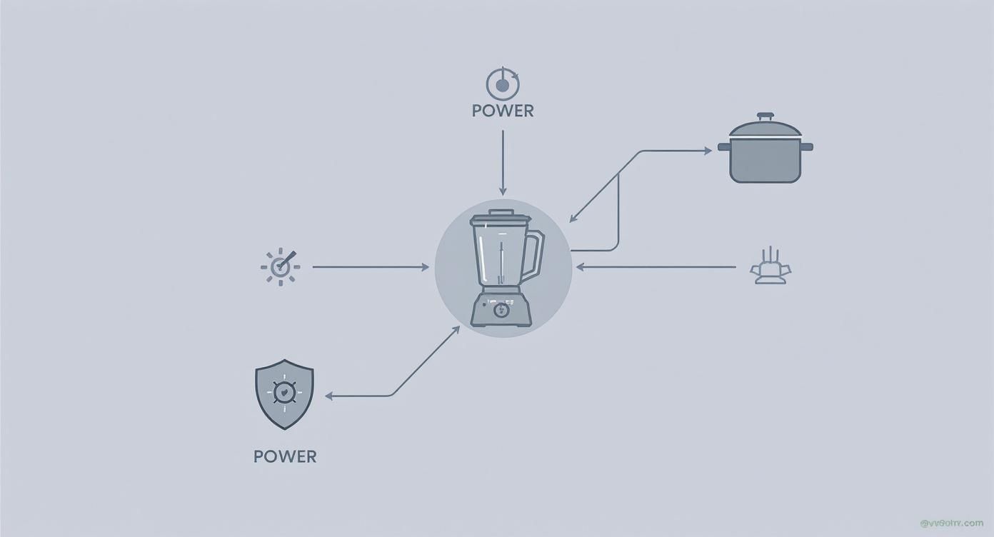Diagram illustrating a blender's features, including power, safety, light indicator, and connection to a cooking pot.