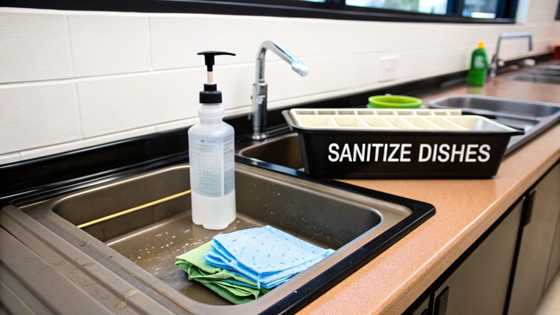 A kitchen sink area featuring a soap dispenser, cleaning rags, and a tray labeled 'SANITIZE DISHES'.